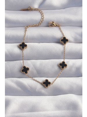 Ergün Collection 316L Çelik Baby Boy Gold Renk Siyah Mineli Yonca Bileklik