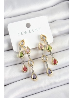 Ergün Collection Pirinç Çoklu Damla Model Karşık Zirkon Taşlı Gold ve Gümüş Renk Kadın Küpe