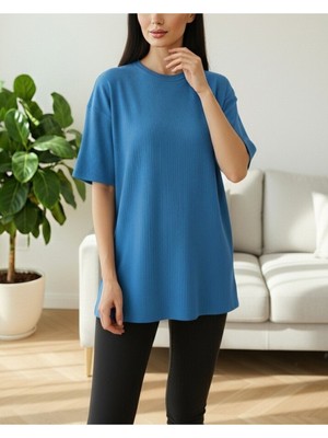 Modamorfo Bisiklet Yaka Fitilli Yırtmaçlı Tişort -Mavi