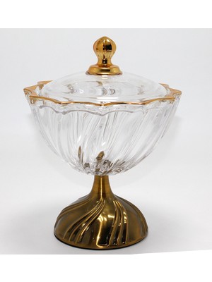 Ergün Collection Metal Ayaklı Kristal Cam Şekerlik Gold Detaylı Sunumluk