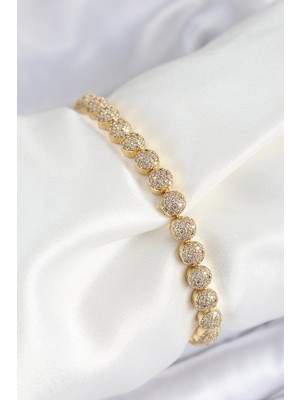 Ergün Collection Pirinç Zirkon Taşlı Yarım Topcuk Model Gold Renk Vıp Seri Kadın Bileklik