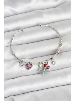 Ergün Collection Gül Charmlı Gümüş Renk Pirinç Kadın Bileklik