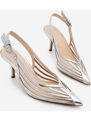 Marjin Kadın Stiletto Sivri Burun Şeritli Transparan Fileli Arkası Açık Atkılı Topuklu Ayakkabı Vimola Gümüş