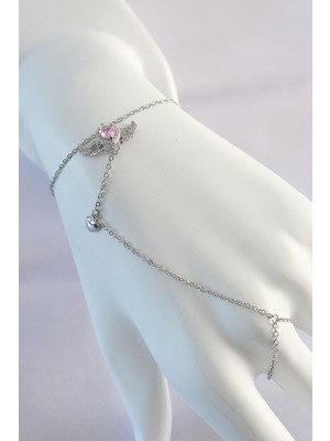 Ergün Collection 316L Çelik Gümüş Renk Pembe Zirkon Taşlı Kanatlı Kalp Model Şahmeran