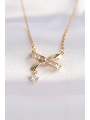 Ergün Collection 316L Çelik Zincir Altın Renk Zirkon Taşlı Kalp Detay Fiyonk Kolye