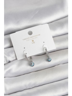 Ergün Collection Minimal Nazarlı Model Gümüş Renk Zirkon Taşlı Kadın Küpe