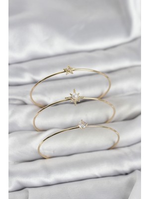 Ergün Collection Gold Renk Kutup Yıldızı Model Zirkon Taşlı 3'lü Kadın Bileklik Kombini