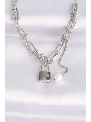 Ergün Collection 316L Çelik Zincir Gümüş Renk Zincirli Love Yazılı Kilit Kolye