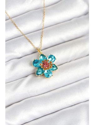 Ergün Collection 316L Çelik Zincirli Mavi Çiçek Model Kadın Kolye