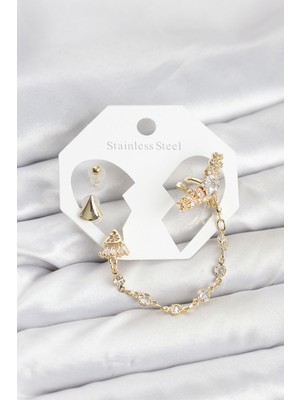 Ergün Collection Pirinç Gold Renk Yıldızlı Model Zincir Bağlantılı Ear Cuff Küpe Seti