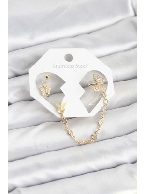 Ergün Collection Kelebek Model Pirinç Gold Renk Zincir Bağlantılı Ear Cuff Küpe Seti