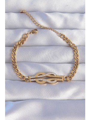 Ergün Collection 316L Çelik Gold Renk Zirkon Taşlı Kemer Tokası Model Zincir Bileklik