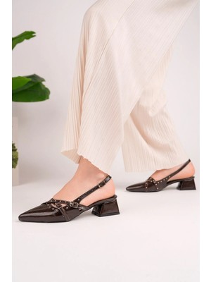 Homiro Kadın Taş Detaylı Sivri Burun Şık Slingback Kısa Topuklu Ayakkabı - Kahverengi