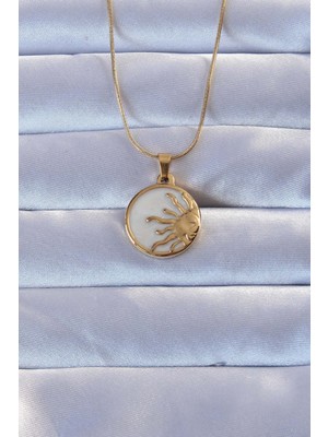 Ergün Collection 316L Altın Renk Mineli Parlayan Güneş Kolye