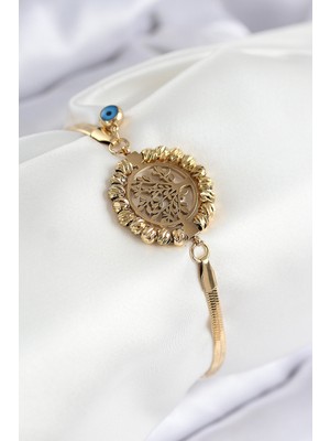 Ergün Collection 316L Çelik Nazar Boncuk Detaylı Hayat Ağacı Model Italyan Zincir Gold Renk Kadın Bileklik