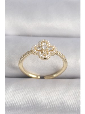 Ergün Collection Pirinç Gold Renk Zirkon Taşlı Yonca Model Inci Detay Kadın Yüzük