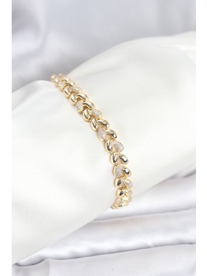 Ergün Collection Pirinç Gold Renk Vıp Seri Sarmal Damla Model Zirkon Taşlı Kadın Bileklik