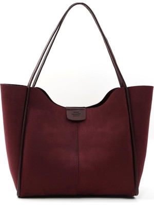 Braventa Collection Bordo Süet SHK76 Çıtçıtlı Fitil Askılı Suni Deri Makyaj Çantalı Büyük Boy Kadın El ve Omuz Çantası B