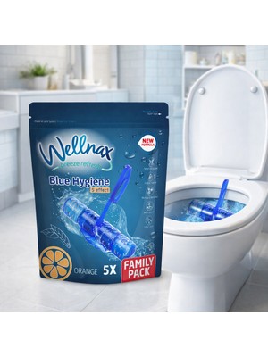 Wellnax Blue Hygiene Orange Tuvalet Temizleyici Klozet Blok 5’li Aile Paketi – Portakal Kokulu, 5 x 50 gr