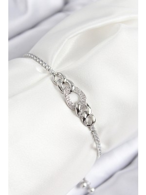 Ergün Collection Pirinç Zirkon Taşlı Zincir Model Gümüş Renk Asansörlü Kadın Bileklik