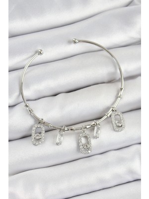 Ergün Collection Pirinç Zirkon Taşlı Dikdörtgen Model Gümüş Renk Charm Bileklik