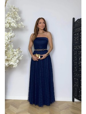 G1766 Saten Detaylı Maksi Dantel Abiye Elbise Lacivert