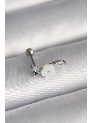 Ergün Collection 316L Çelik Gümüş Renk Zirkon Taş Detay Beyaz Çiçek Model Tragus Piercing