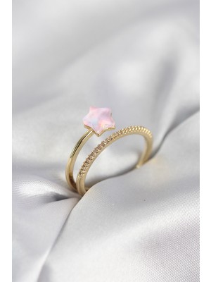 Ergün Collection Gold Renk Zirkon Taşlı Pembe Halley Model Kadın Yüzük
