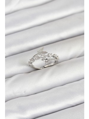 Ergün Collection Pirinç Gümüş Renk Zirkon Taşlı Kelebek Model Kadın Yüzük