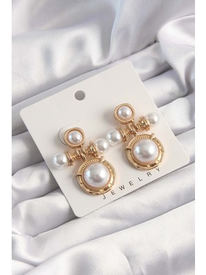 Ergün Collection Pirinç Gold Renk Inci Taşlı Motifli Küpe