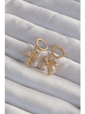 Ergün Collection Pirinç Gold Renk Iri Zirkon Taşlı Fiyonk Model Halka Küpe