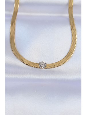Ergün Collection 316L Çelik Gold Renk Tek Zirkon Taşlı Italyan Zincir Kolye