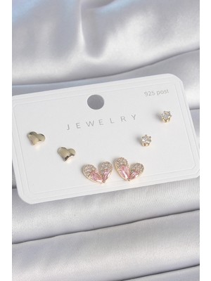 Ergün Collection Pirinç Gold Renk Pembe Zirkon Taşlı Kalp Model 925 Ayar Gümüş Çivi Kadın Küpe Seti