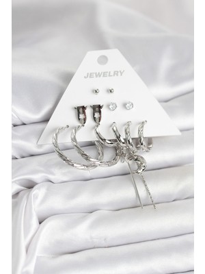 Ergün Collection Gümüş Renk Pirinç 6'lı Kadın Küpe Seti