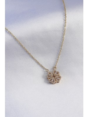 Ergün Collection 316L Çelik Gold Renk Açılır Zirkon Taşlı Yonca Model Kadın Kolye