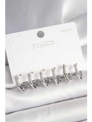 Ergün Collection 925 Ayar Gümüş Çivi Pirinç Gümüş Renk Bambu Halka Model Kadın Küpe Seti