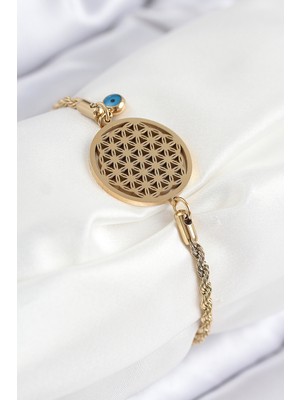 Ergün Collection 316L Çelik Nazar Boncuğu Detaylı Yaşam Çiçeği Model Gold Renk Kadın Bileklik
