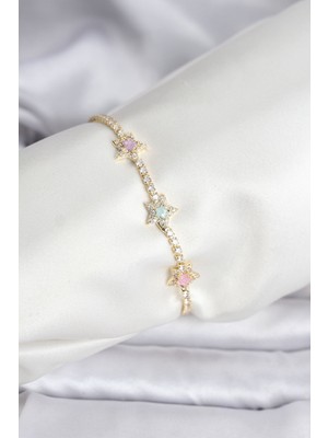 Ergün Collection Renkli Yıldız Model Zirkon Taşlı Gold Renk Pirinç Su Yolu Kadın Bileklik