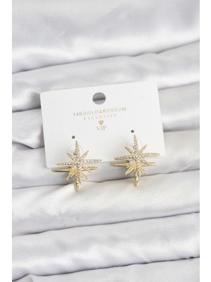 Ergün Collection Gold Renk Pirinç Çift Taraflı Kutup Yıldızı Kadın Küpe