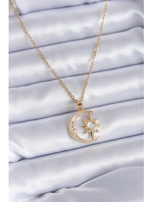 Ergün Collection 316L Çelik Gold Renk Zirkon Taşlı Ay Yıldız Model Kadın Kolye