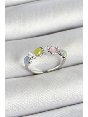 Ergün Collection Pirinç Sıralı Kalp Figürlü Zirkon Taşlı Gümüş Renk Ayarlanabilir Kadın Yüzük