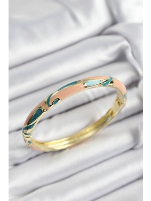 Ergün Collection Mineli Pirinç Krem ve Yeşil Mermer Motifli Gold Renk Kadın Kelepçe