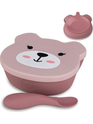 Braventa Collection Tum Tum Bebek Tabağı Vantuzlu Kapaklı ve Kaşıklı, Bebek Yemek Takımı 6 Ay +, Betsy Ayı, Pembe