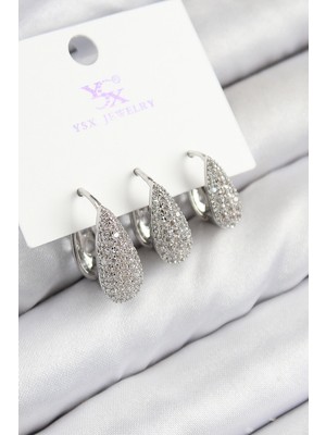 Ergün Collection Pirinç Zirkon Taşlı 3'lü Damla Model Gümüş Renk Kadın Küpe