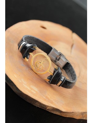 Ergün Collection Gold Renk Metal Sol Anahtarlı Tasarım Siyah Renk Deri Erkek Bileklik