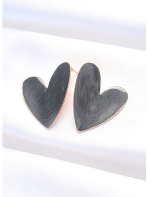 Ergün Collection Siyah Renk Mineli Kalp Küpe