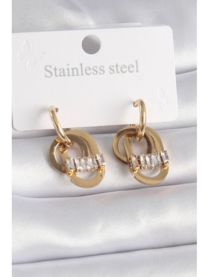 Ergün Collection 316L Çelik Gold Renk Zirkon Taşlı Halka Model Kadın Küpe