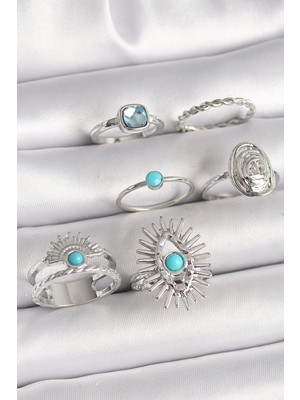 Ergün Collection Pirinç Gümüş Renk Mavi Taşlı Kare Zirkon Taş Detaylı Kadın Yüzük Kombini