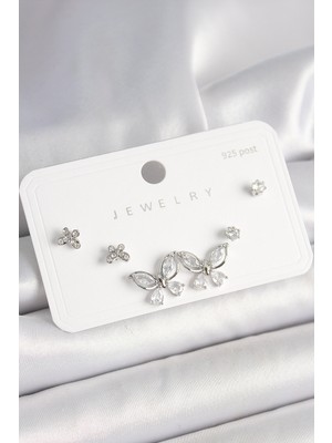 Ergün Collection 925 Ayar Gümüş Çivi Pirinç Gümüş Renk Zirkon Taşlı Kelebek Model Kadın Küpe Seti