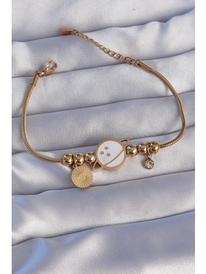 Ergün Collection 316L Çelik Gold Renk Zirkon Taşlı Mineli Satürn Tasarımlı Bileklik